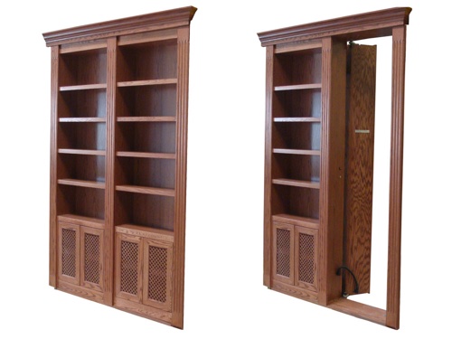 side by side open and closed bookcase door.