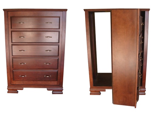 side by side open and closed dresser door.