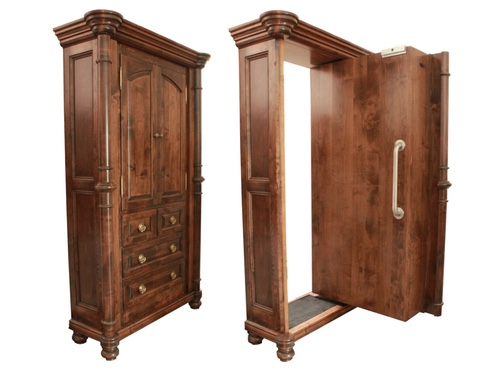 side by side open and closed dresser door.