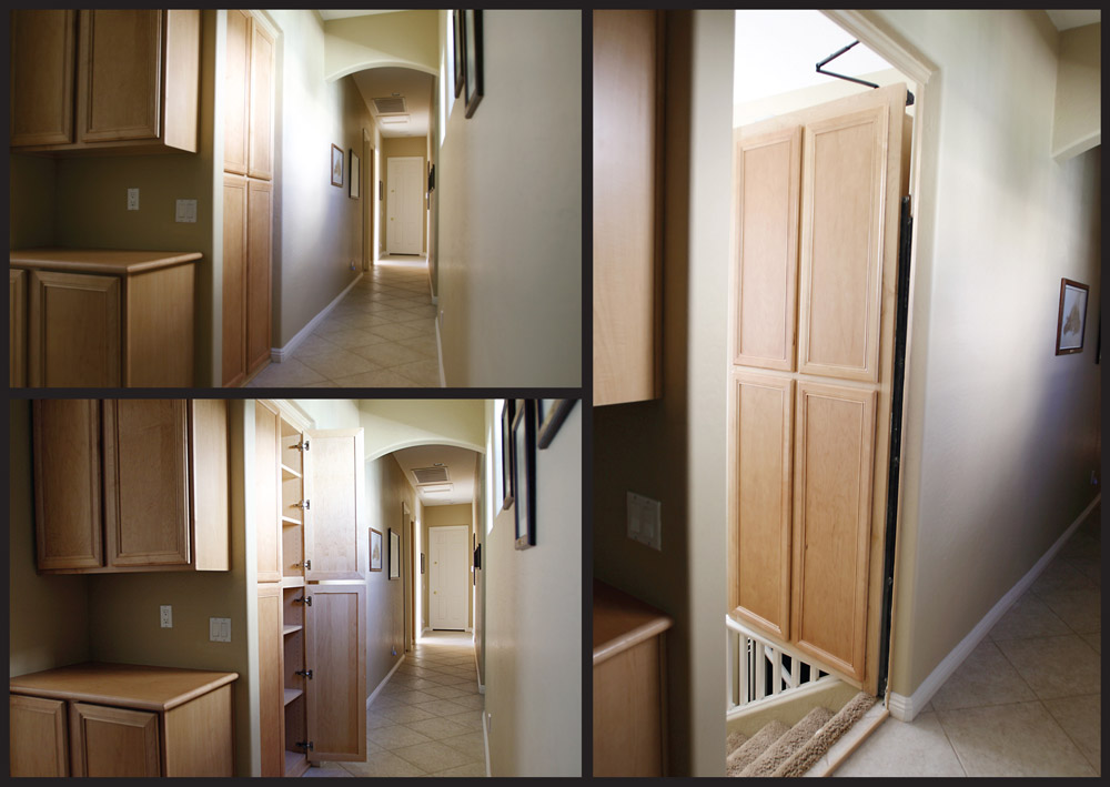 hidden cabinet door open and closed.