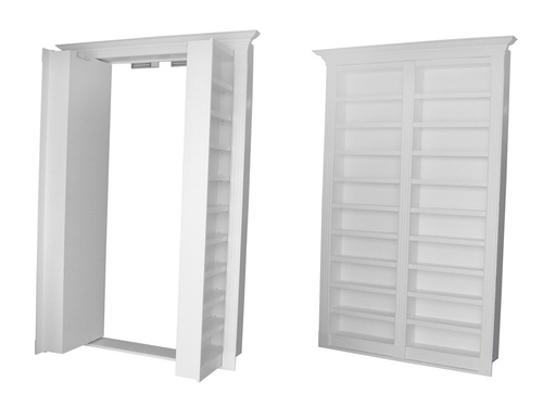 open and closed double out swing white bookcase door.