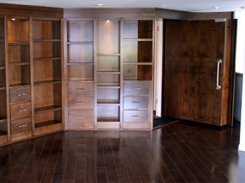 opened angled bookcase door.