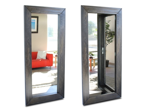 side by side open and closed mirror door