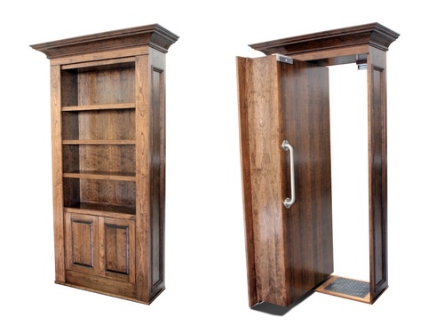 side by side open and closed bookcase door.
