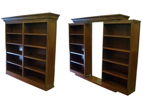 side by side open and closed sliding bookcase doors.