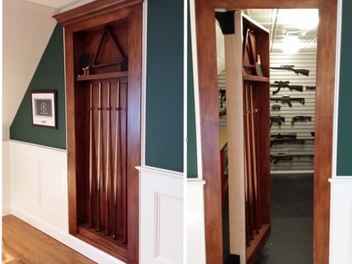 hidden pool cue door, open and closed