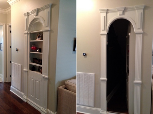 side by side open and closed bookcase door.