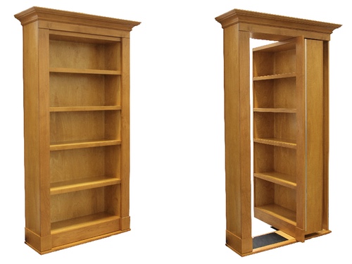 side by side, open and closed wooden bookcase door.
