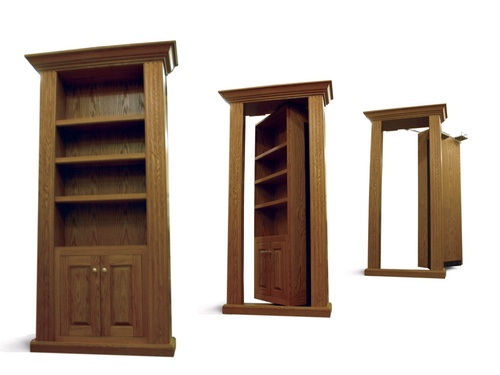 Side by side open and closed wooden bookcase door.
