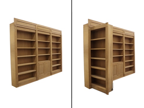 side by side open and close bookcase door.