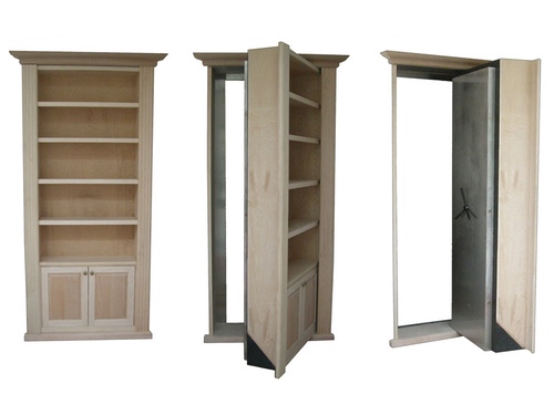 wooden bookcase single vault door, open and closed