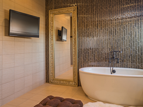 closed gold bathroom mirror door.