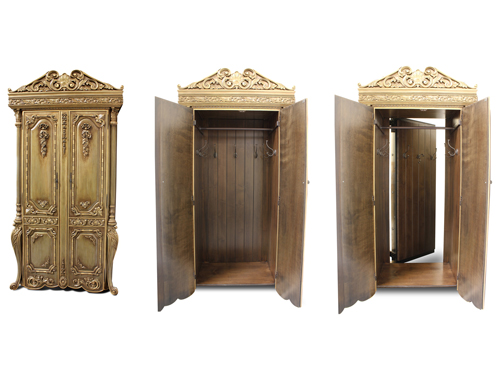 open and closed gold closet door.