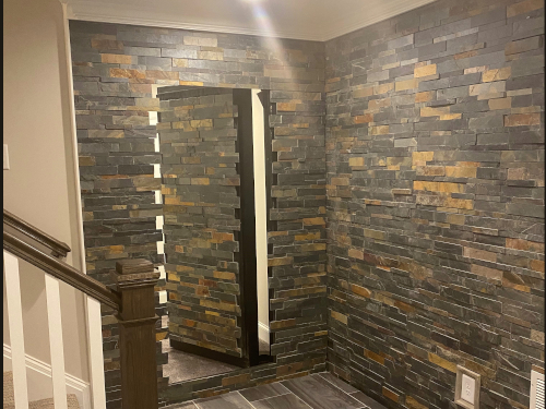 open steel frame stone door open