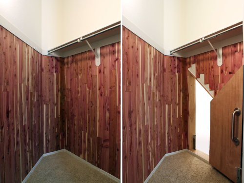 open and closed wood clad cedar door