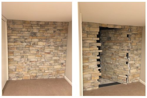 open and closed steel frame stone door