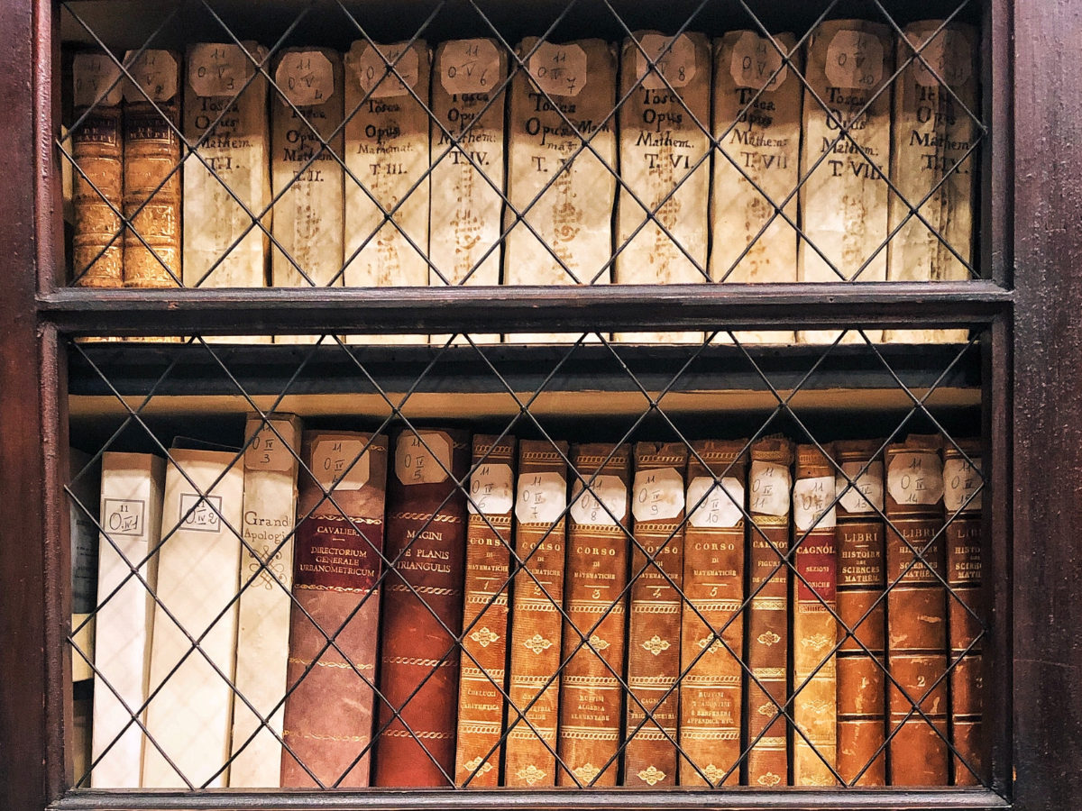 Close up of old books on a bookshelf behind a locked gate.