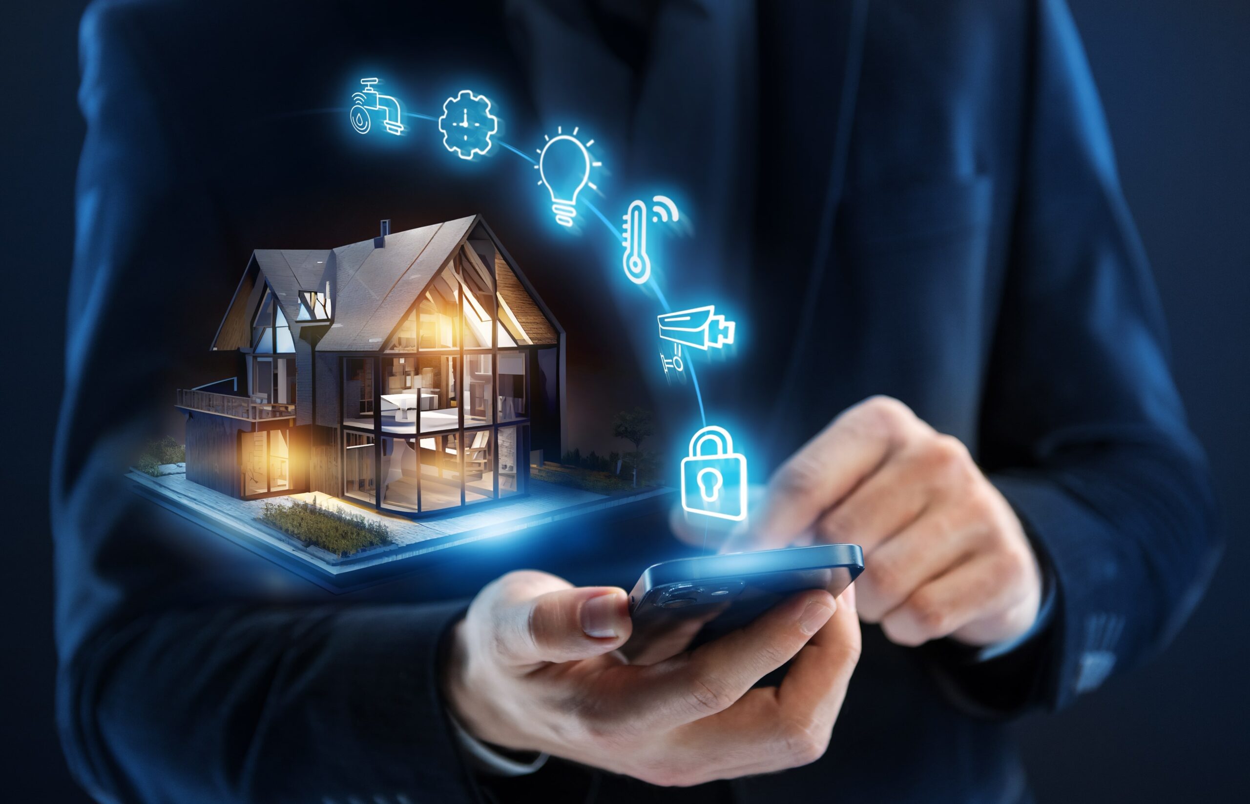 A hologram of a house and different security features streaming from a mobile phone operated by a person.