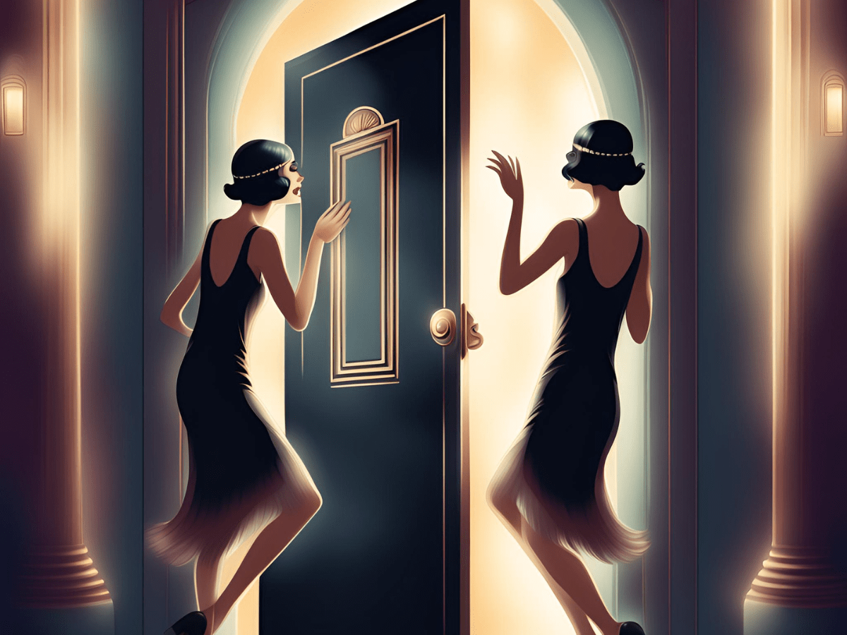 generated image of flappers opening a speakeasy door