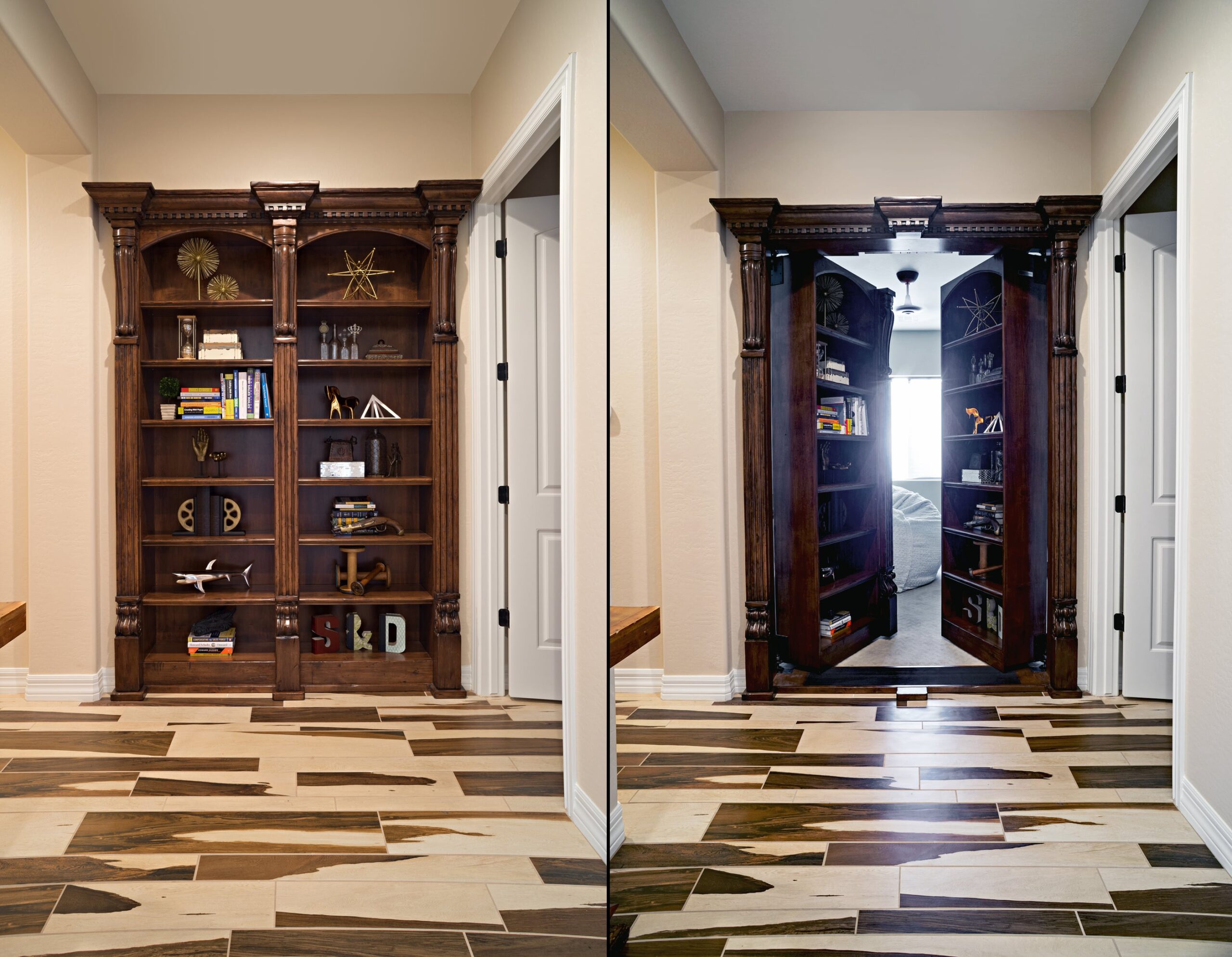 Large Bookcase in wall filled with objects and books next to Double Bookcase Door opening inward to another room.