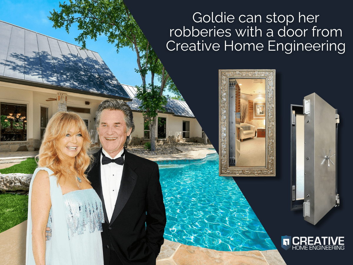 "Goldie can stop her robberies with a door from Creative Home Engineering" text overlay on a phone of two people dressed formally by a pool.