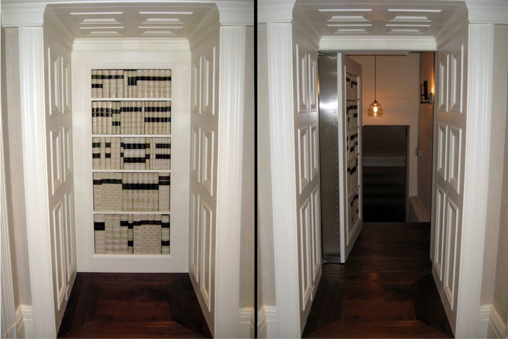 Single wooden bookcase vault door open and close.