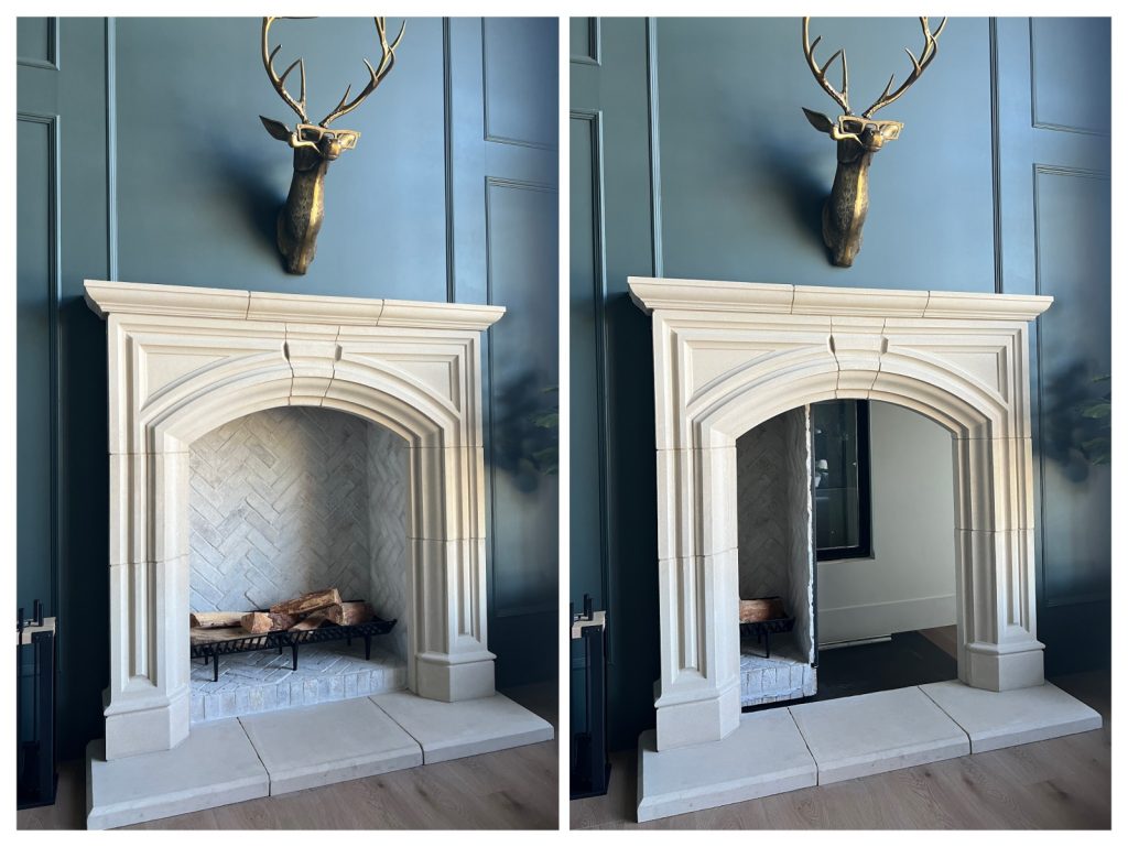 A stone fireplace mantel sits against a dark blue wall beneath a brass deer head; the image shows a side-by-side comparison of the fireplace door closed and opened to reveal a hidden passage.
