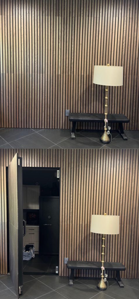 Secret hidden panel door, closed and opened.