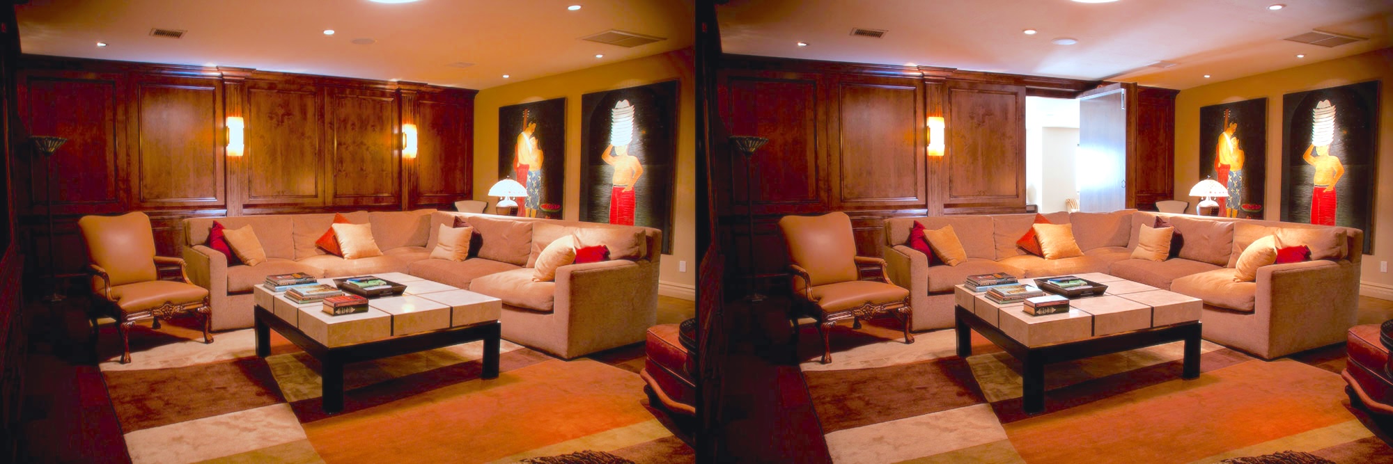 Hidden door in wood-paneled living room, shown closed and open to reveal secret entryway—perfect example of custom hidden door design for luxury interiors.