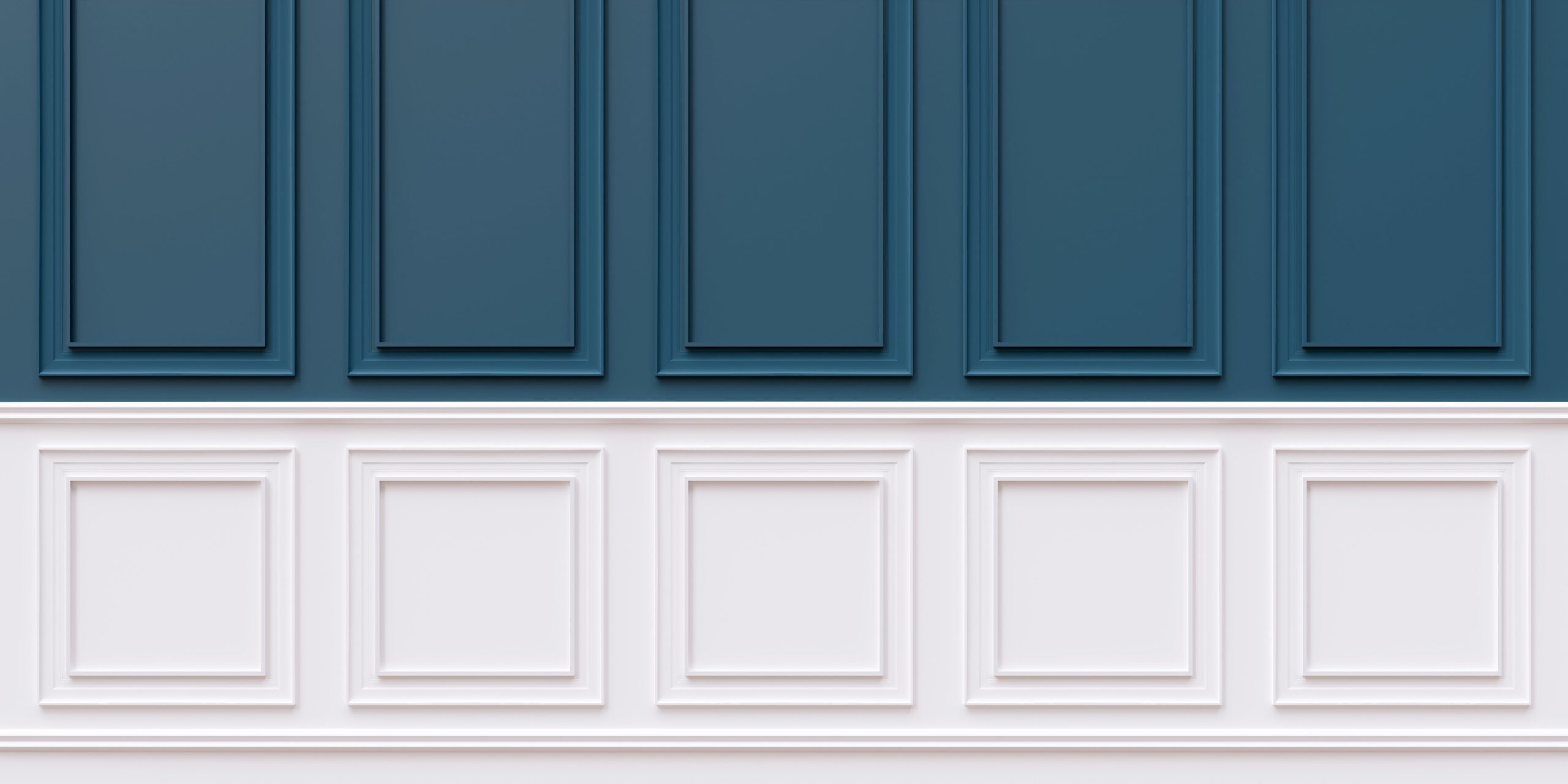 Close-up view of elegant two-tone wall paneling with white wainscoting on the bottom and navy blue raised panels on top.
