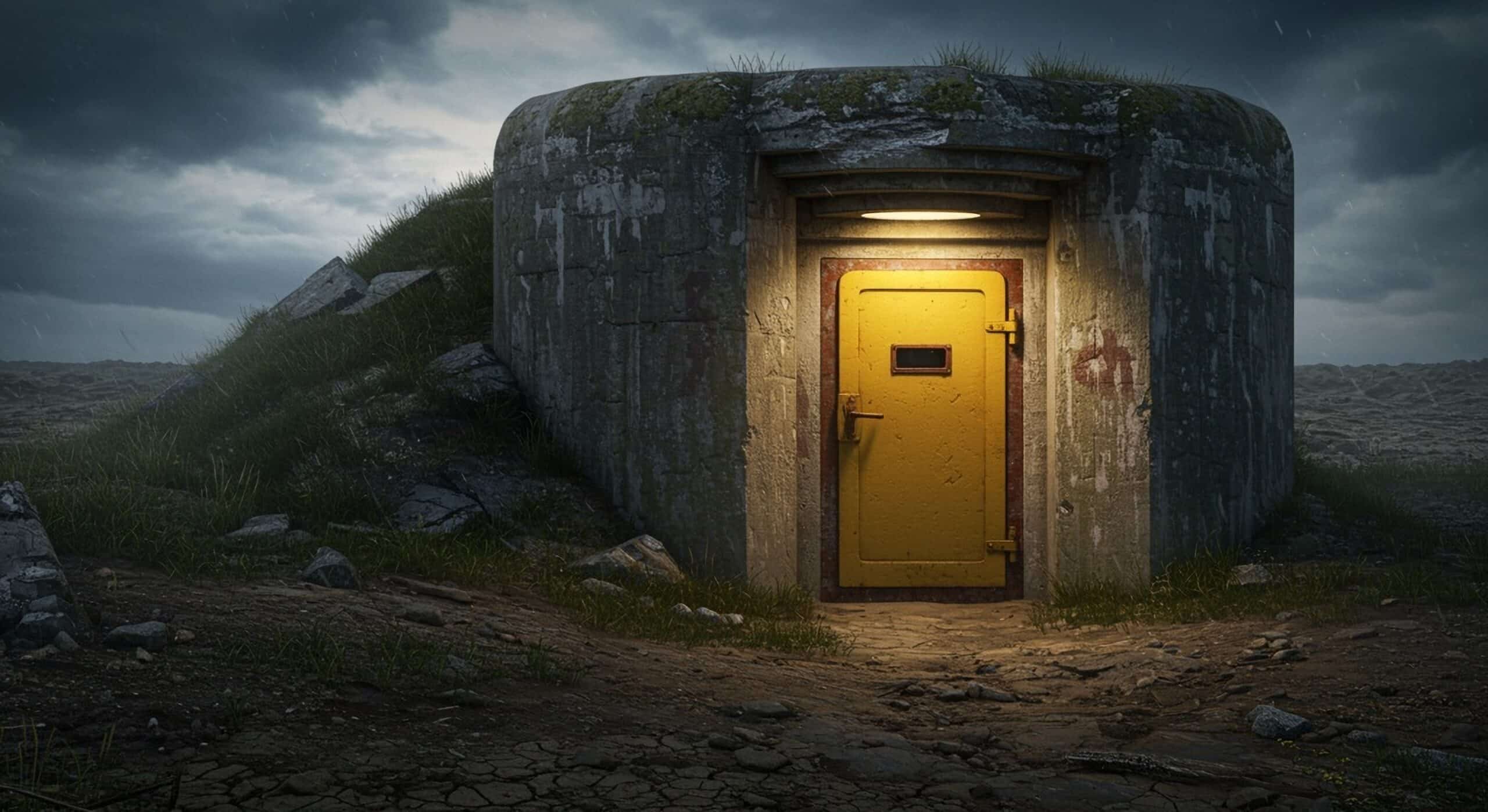 Concrete survival bunker with a bright yellow steel door, illuminated under moody skies.