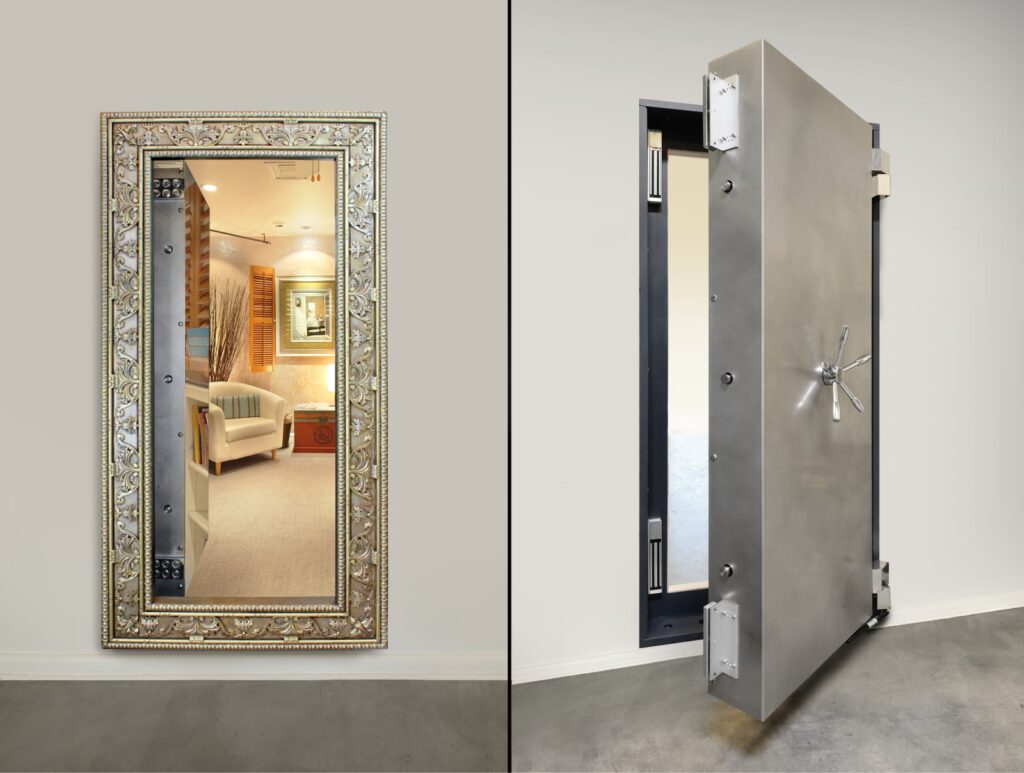 Luxury vault door disguised as an ornate framed mirror, alongside an industrial steel vault door open to reveal a secure room. Designed by Creative Home Engineering.
