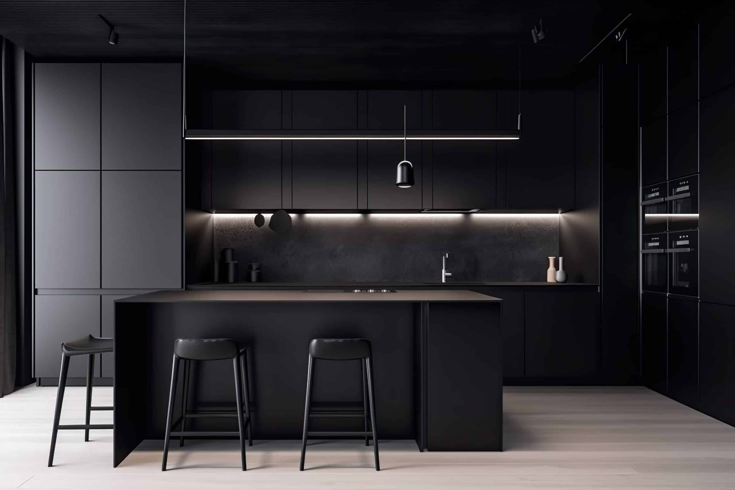 Modern all-black minimalist kitchen with sleek cabinets, island, and under-cabinet lighting creating a dramatic, contemporary look.