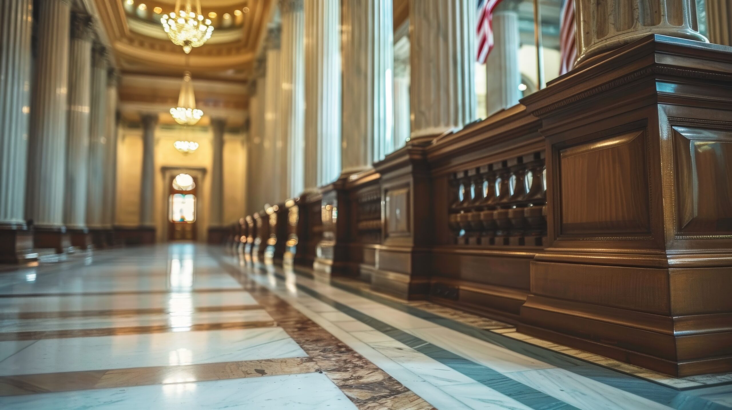 Elegant courthouse or government building interior with polished marble floors, wood-paneled walls, and tall columns under chandeliers.