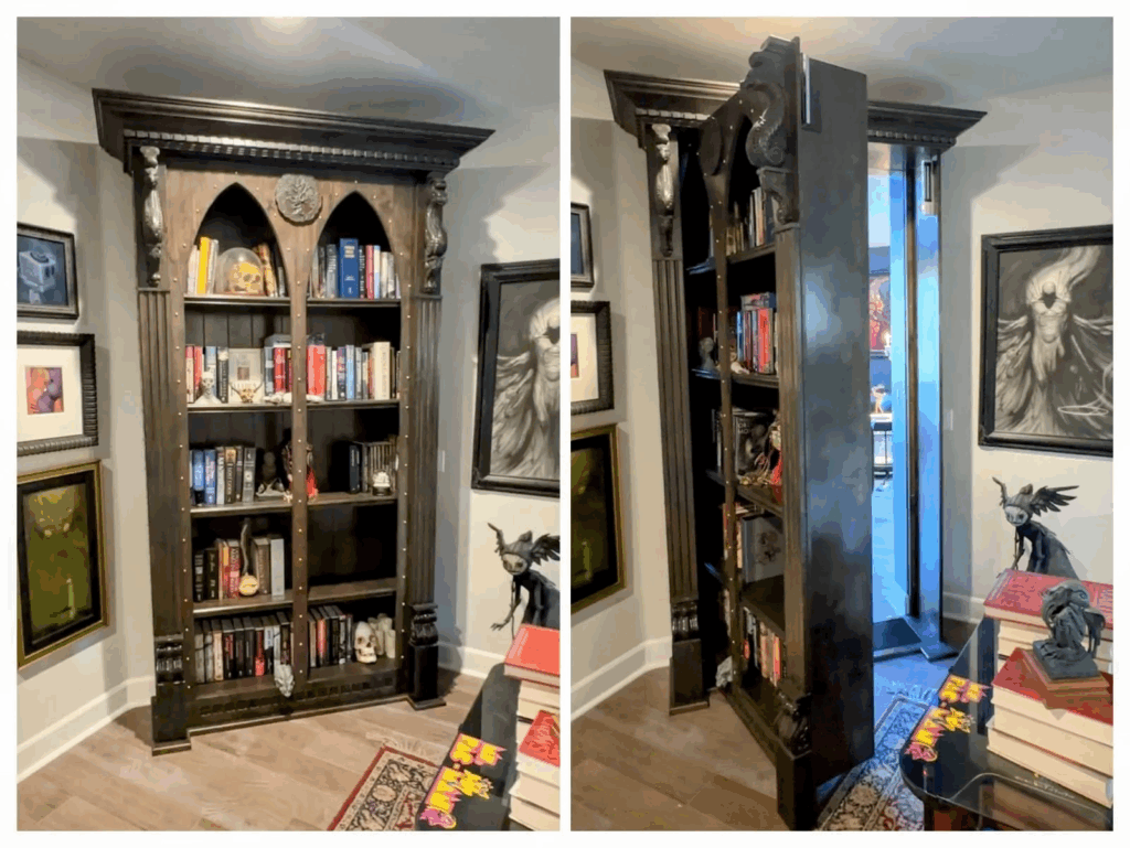 Gothic-style hidden bookcase door with dark wood finish, pointed arch design, and carved gargoyle details. The left view shows the bookcase fully closed and filled with books; right view shows the bookcase pivoted open, revealing a hidden passage behind it