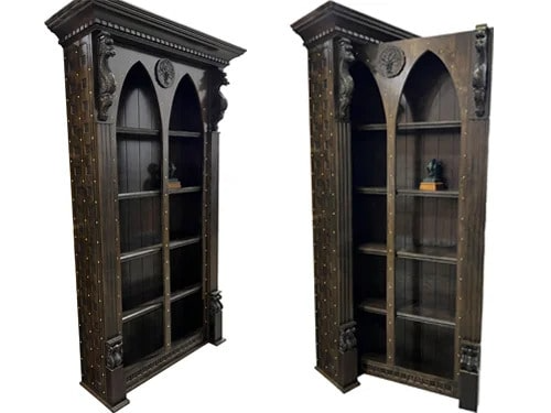 Two angles of an empty Gothic-inspired hidden bookcase door in dark wood with pointed arches, decorative studs, and carved gargoyle accents at the top corners. Designed by Creative Home Engineering