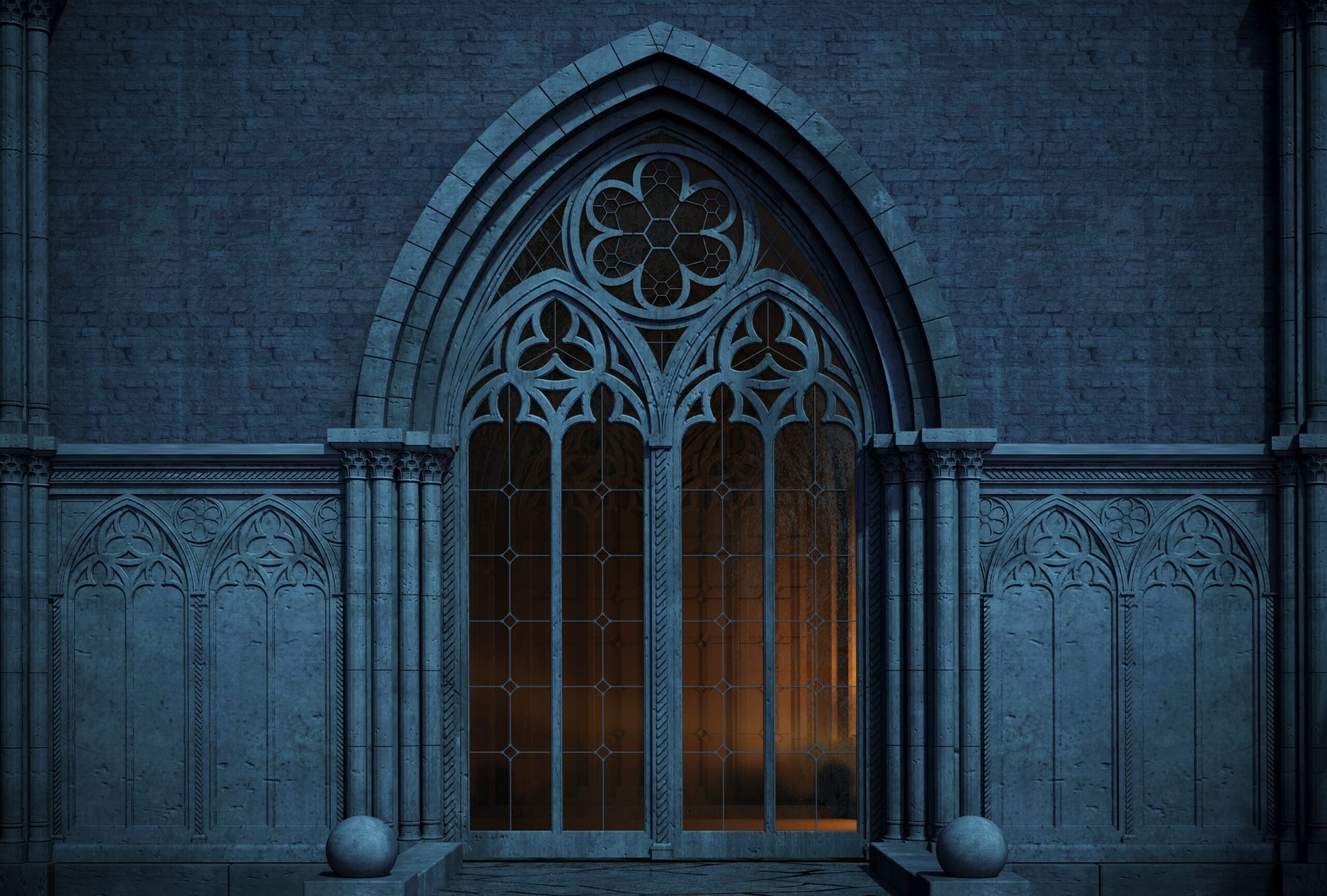 Large stone Gothic archway with intricate tracery, tall pointed arches, and decorative columns, lit from within by warm light.