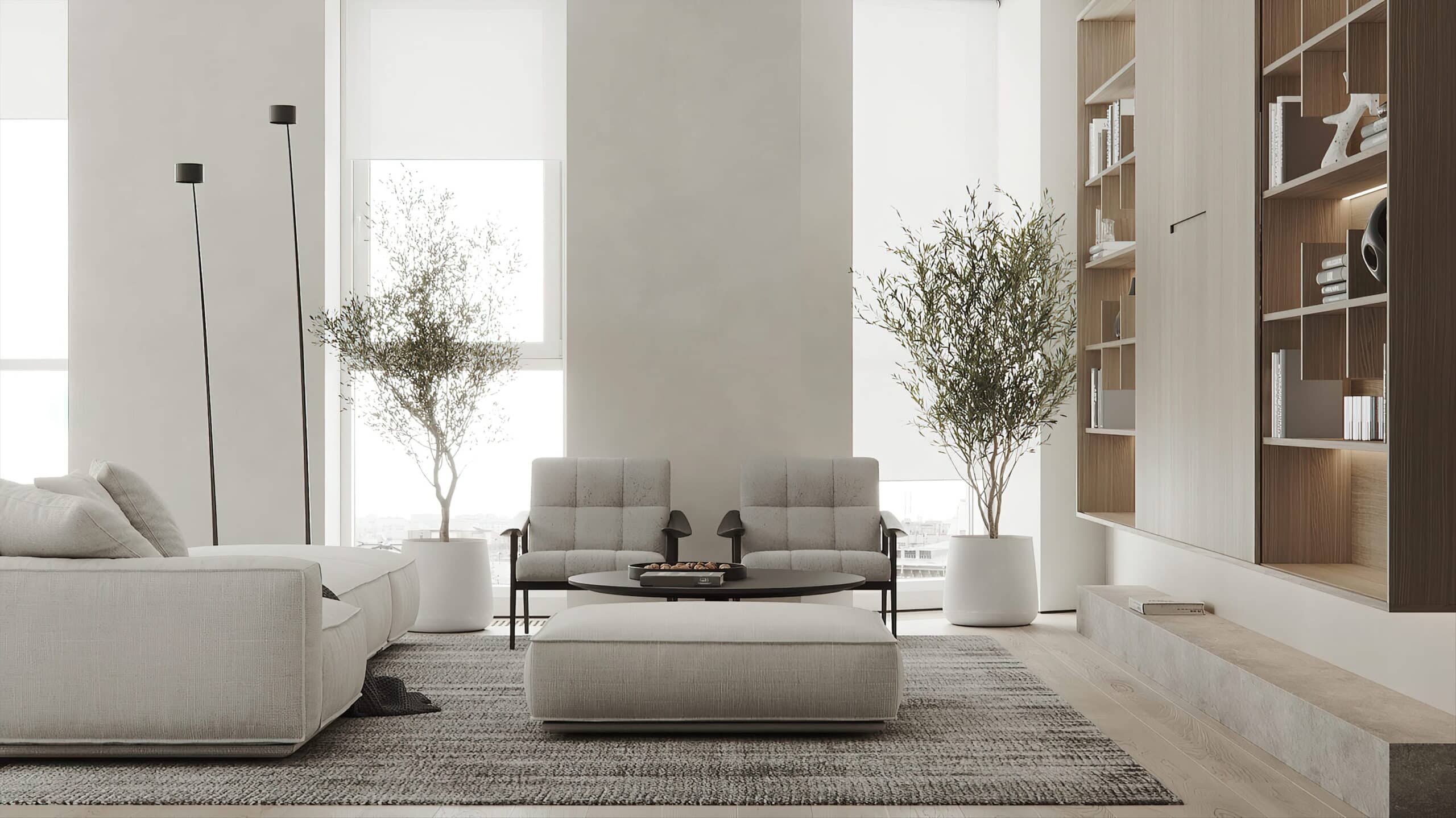 Contemporary living room featuring neutral tones, custom wood shelving, modern lounge chairs, and large windows