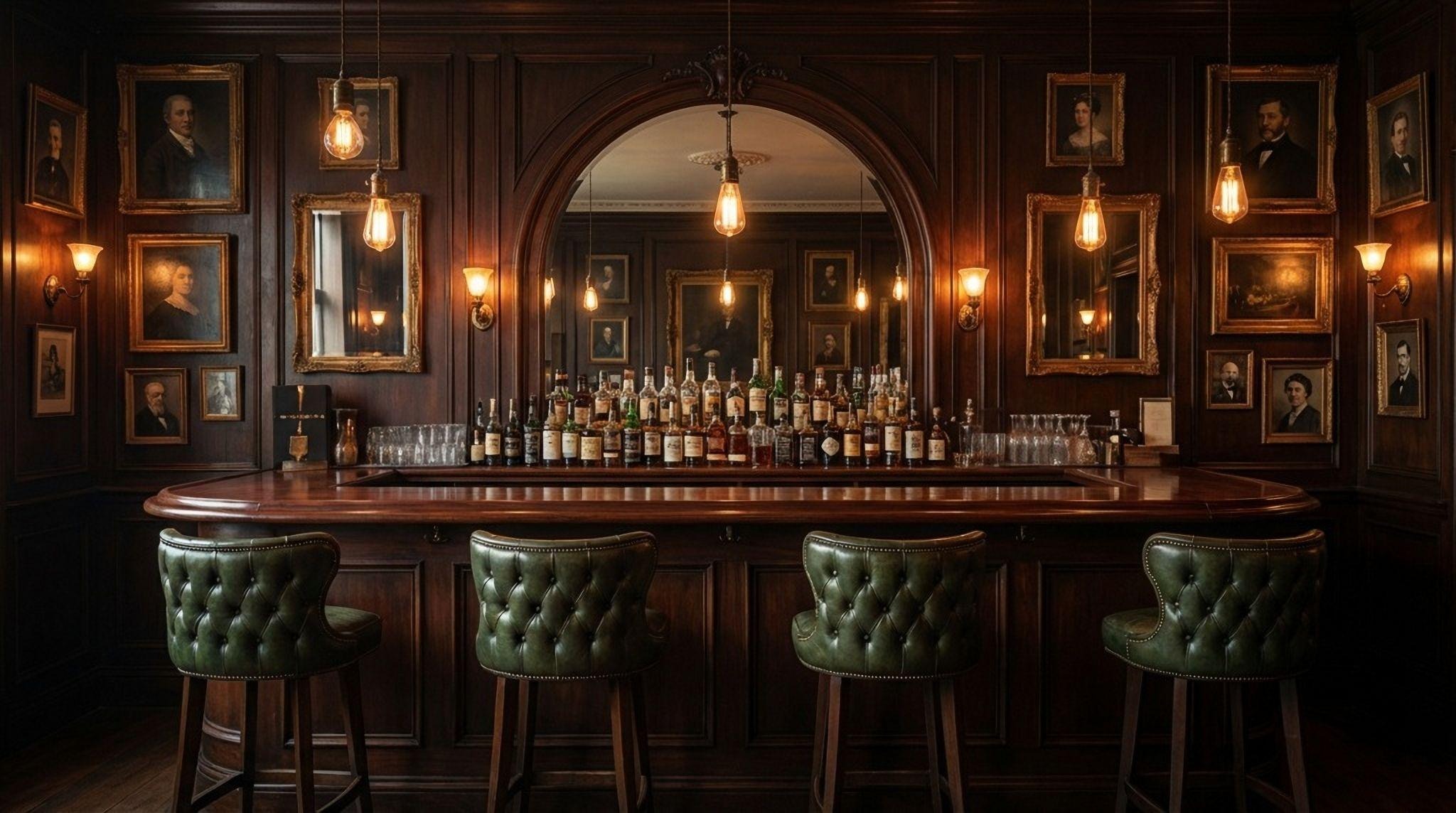 Luxury speakeasy-style home bar with dark wood finishes and leather bar stools.