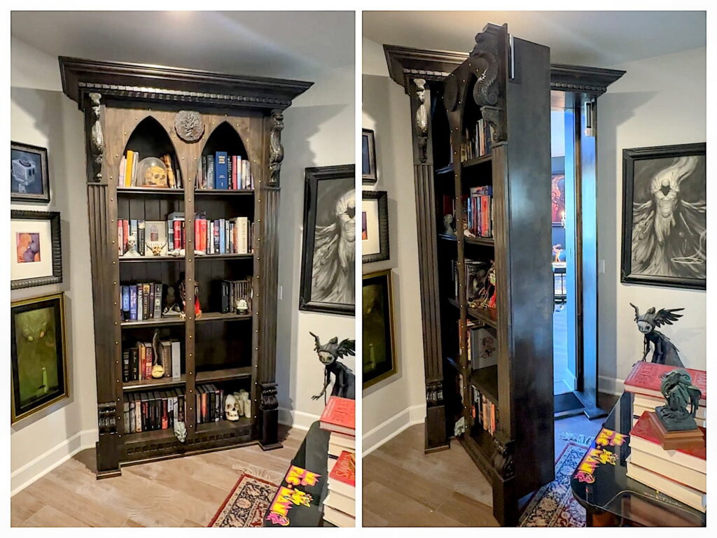 A dark wood bookcase with gothic arches acts as a hidden door, swinging open to reveal a secret room behind it. The room is decorated with fantasy-themed art and books.