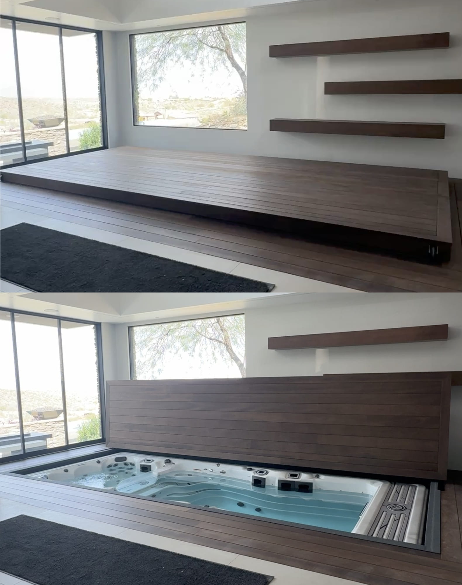 Two photos: The top shows a wooden platform in a modern room. The bottom reveals the platform partially lifted, exposing a hidden hot tub beneath it. Large windows and wall shelves are in the background.