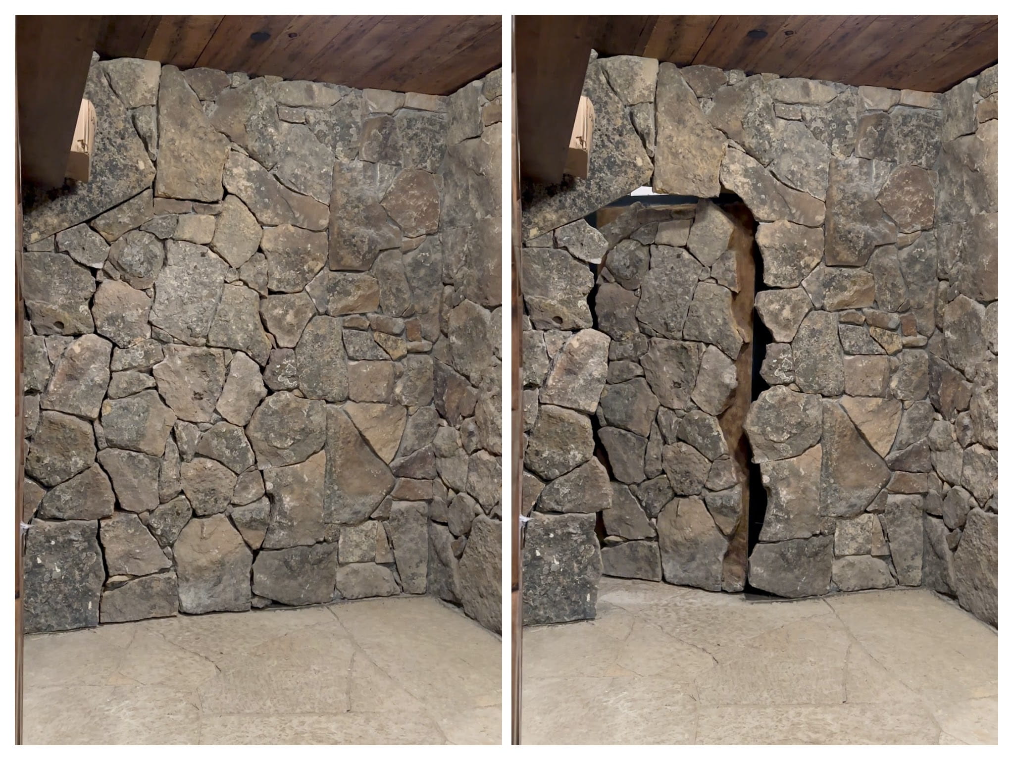 A stone wall is shown on the left. On the right, a hidden door in the wall is partially open, revealing a secret room behind the stones. The floor and ceiling are made of stone and wood, respectively.