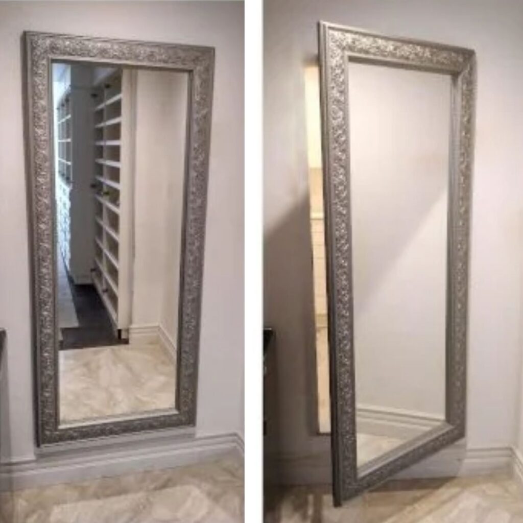 side by side of an antique hidden mirror door open and ajar
