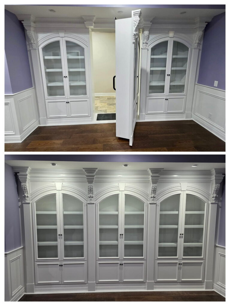Two images show white built-in bookcases. The top image reveals a hidden door within the center shelves, opening to a passage; the bottom image shows the bookcases closed, seamlessly aligned.