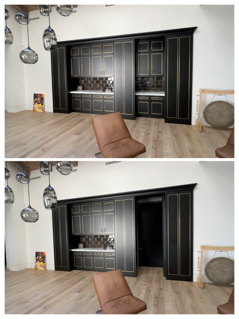 Two photos show a modern room with dark cabinets and gold trim. The top image has all cabinets closed; the bottom reveals a hidden doorway as one panel slides open, exposing a dark hallway behind. A brown chair is in the foreground.