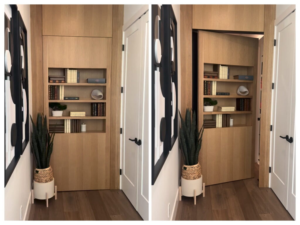 A bookshelf filled with books and decor swings open to reveal a hidden door, shown closed on the left and partially open on the right, in a modern wood-paneled hallway with a potted plant nearby.