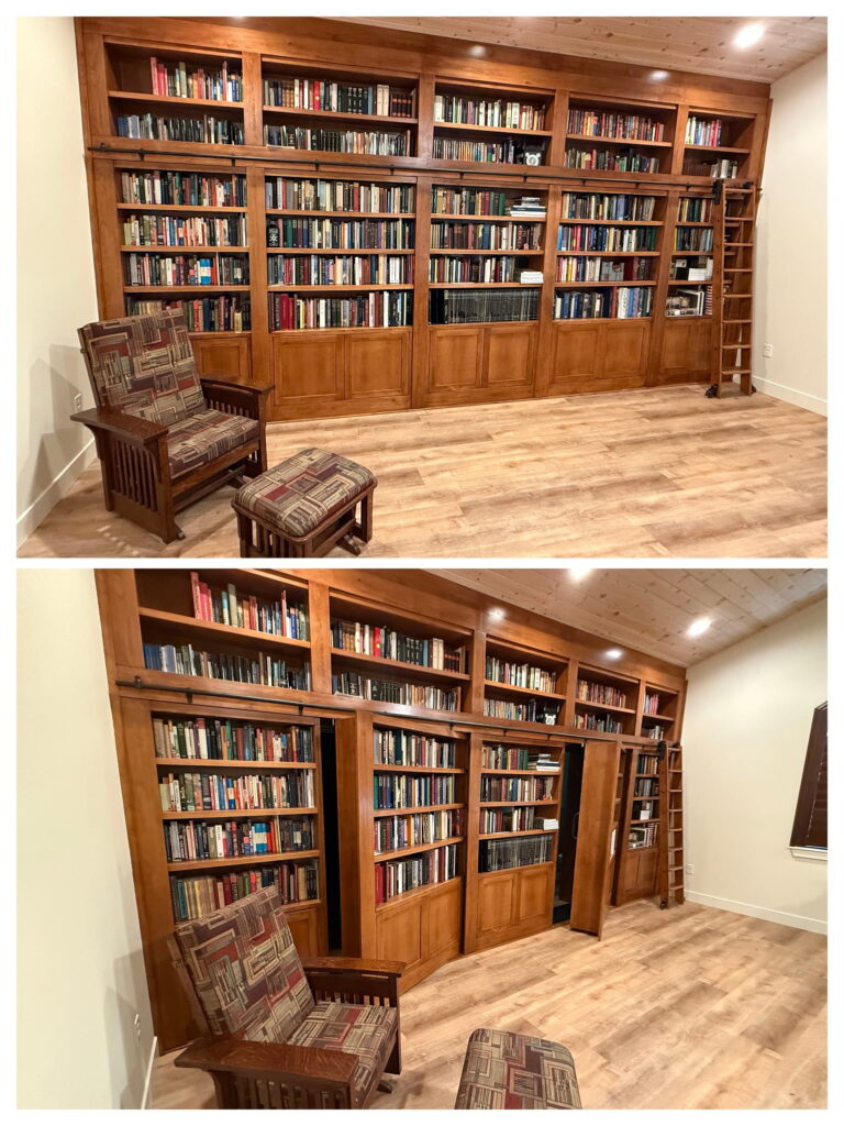 Two photos show a home library with tall wooden bookshelves. In the second image, a secret door in the hidden bookcase unit is open, revealing a concealed room. Two armchairs and a footrest are in the foreground.
